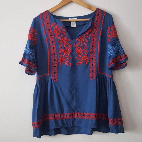 Sundance Tops - SUNDANCE "FABLE" BLUE/RED FOLKLORE EMBROIDERED TOP